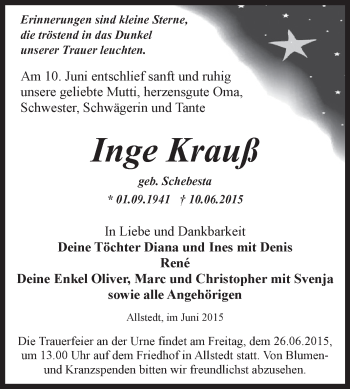 Traueranzeige von Inge Krauß von Super Sonntag SGH Mansf. Land