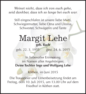 Traueranzeige von Margit Lehe von Mitteldeutsche Zeitung Köthen