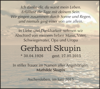 Traueranzeige von Gerhard Skupin von Super Sonntag Aschersleben