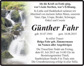 Traueranzeige von Günther Fahr von Super Sonntag Quedlinburg