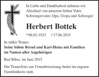 Traueranzeige von Herbert Bottek von WVG - Wochenspiegel NMB / WSF / ZTZ