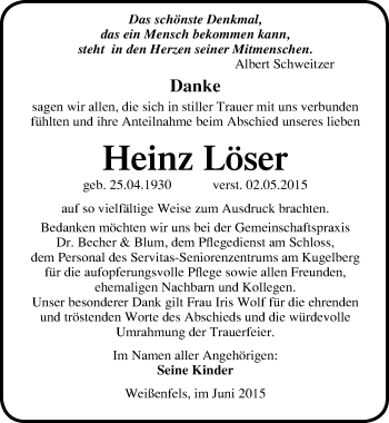 Traueranzeige von Heinz Löser von Mitteldeutsche Zeitung Weißenfels
