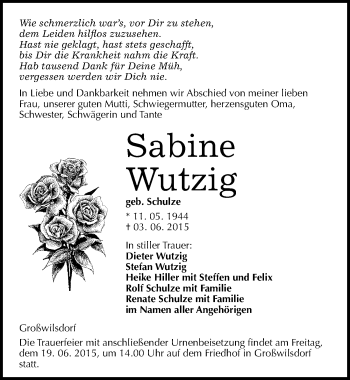 Traueranzeige von Sabine Wutzig von Mitteldeutsche Zeitung Naumburg/Nebra