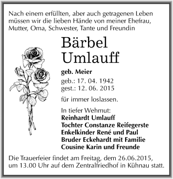 Traueranzeige von Bärbel Umlauff von Mitteldeutsche Zeitung Dessau-Roßlau