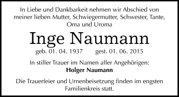 Traueranzeige von Inge Naumann von Mitteldeutsche Zeitung Wittenberg