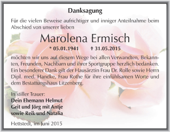 Traueranzeige von Marolena Ermisch von Wochenspiegel Mansfelder Land