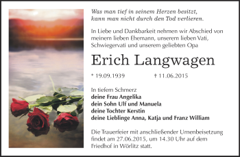 Traueranzeige von Erich Langwagen von WVG - Wochenspiegel Dessau / Köthen