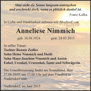 Traueranzeige von Anneliese Nimmich von Super Sonntag Wittenberg