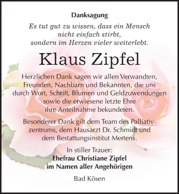 Traueranzeige von Klaus Zipfel von Mitteldeutsche Zeitung Naumburg/Nebra