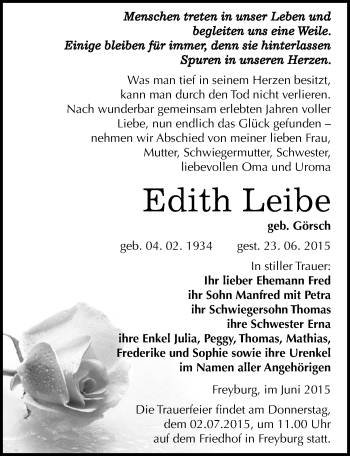 Traueranzeige von Edith Leibe von Mitteldeutsche Zeitung Naumburg/Nebra