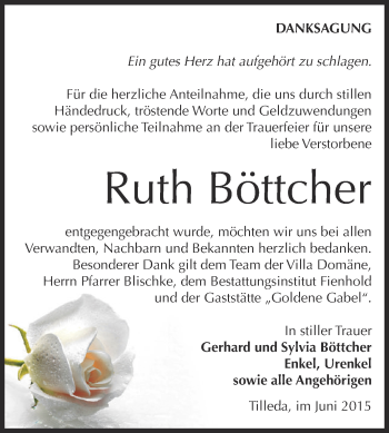 Traueranzeige von Ruth Böttcher von Super Sonntag SGH Mansf. Land