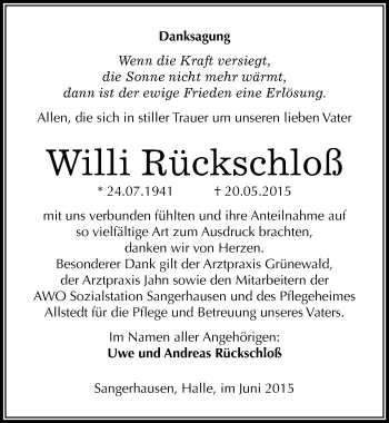 Traueranzeige von Willi Rückschloß von Mitteldeutsche Zeitung Sangerhausen