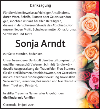 Traueranzeige von Sonja Arndt von Mitteldeutsche Zeitung Quedlinburg