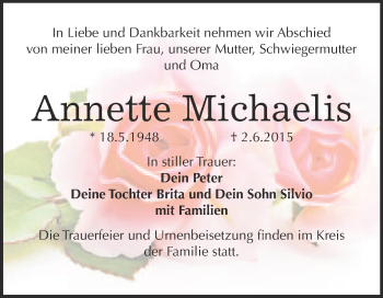 Traueranzeige von Annette Michaelis von WVG - Wochenspiegel Wittenberg