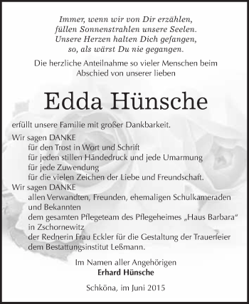 Traueranzeige von Edda Hünsche von WVG - Wochenspiegel Wittenberg