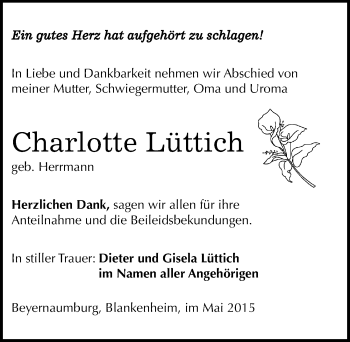 Traueranzeige von Charlotte Lüttich von Mitteldeutsche Zeitung Sangerhausen