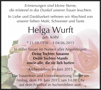 Traueranzeige von Helga Wurft von Super Sonntag Aschersleben