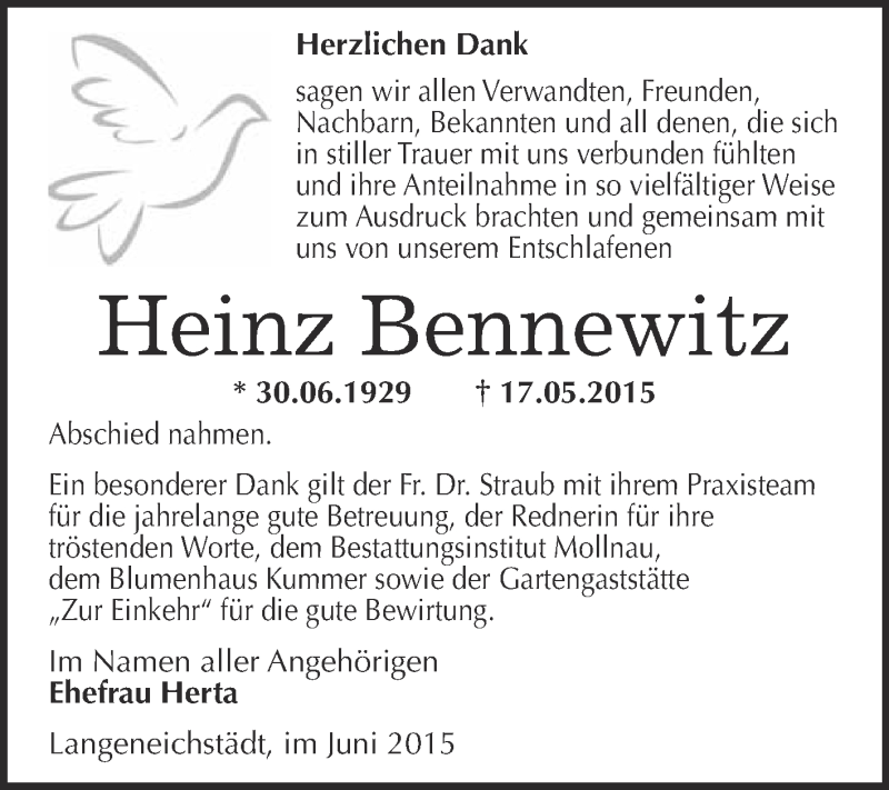  Traueranzeige für Heinz Bennewitz vom 17.06.2015 aus WVG - Wochenspiegel Merseburg