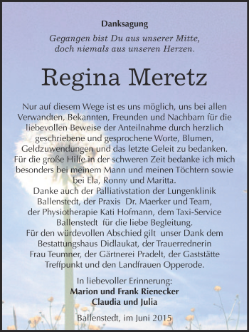 Traueranzeige von Regina Meretz von WVG - Wochenspiegel Quedlinburg