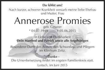 Traueranzeige von Annerose Promies von Super Sonntag Zeitz