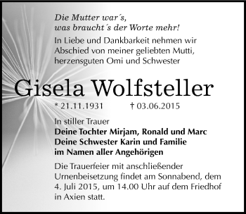 Traueranzeige von Gisela Wolfsteller von Mitteldeutsche Zeitung Wittenberg