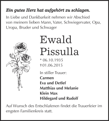 Traueranzeige von Ewald Pissulla von WVG - Wochenspiegel Quedlinburg
