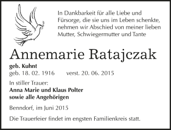 Traueranzeige von Annemarie Ratajczak von Mitteldeutsche Zeitung Mansfelder Land