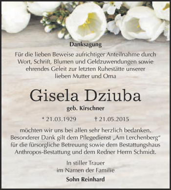Traueranzeige von Gisela Dziuba von Super Sonntag Wittenberg