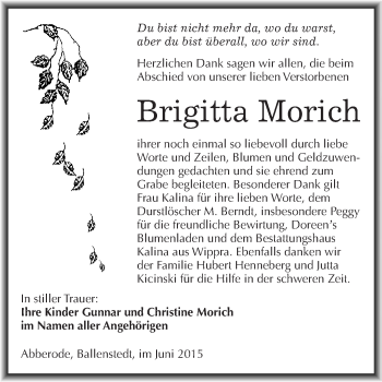 Traueranzeige von Brigitta Morich von Super Sonntag SGH Mansf. Land