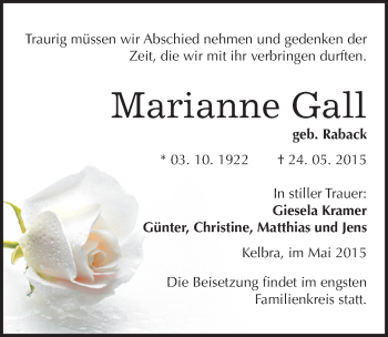 Traueranzeige von Marianne Gall von Mitteldeutsche Zeitung Sangerhausen