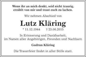 Traueranzeige von Lutz Kläring von WVG - Wochenspiegel Dessau / Köthen