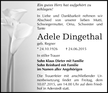 Traueranzeige von Adele Dingethal von Mitteldeutsche Zeitung Bernburg