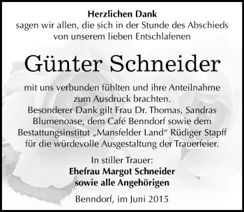 Traueranzeige von Günter Schneider von Mitteldeutsche Zeitung Mansfelder Land