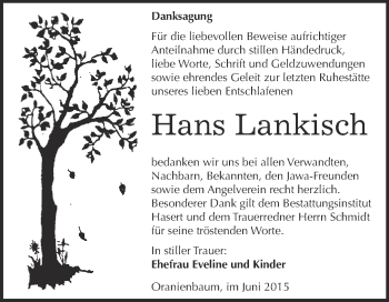 Traueranzeige von Hans Lankisch von Super Sonntag Wittenberg