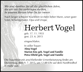 Traueranzeige von Herbert Vogel von Mitteldeutsche Zeitung Halle/Saalkreis