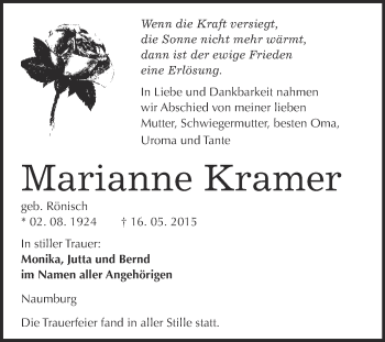 Traueranzeige von Marianne Kramer von WVG - Wochenspiegel NMB / WSF / ZTZ
