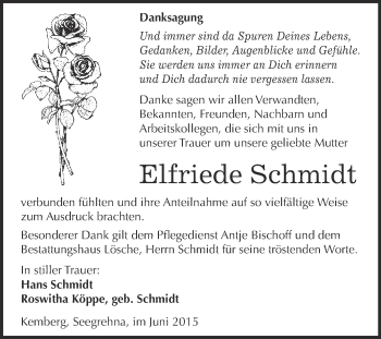 Traueranzeige von Elfriede Schmidt von WVG - Wochenspiegel Wittenberg
