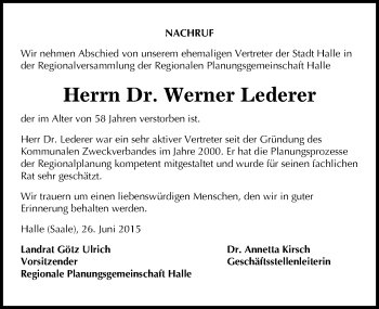 Traueranzeige von Werner Lederer von Mitteldeutsche Zeitung