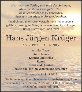 Traueranzeige von Hans Jürgen Krüger von WVG - Wochenspiegel Quedlinburg