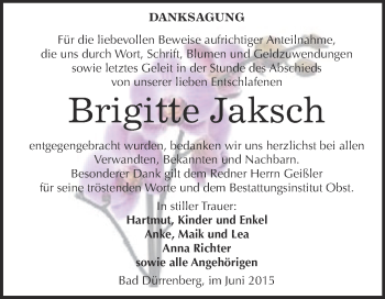 Traueranzeige von Brigitte Jaksch von Super Sonntag Merseburg