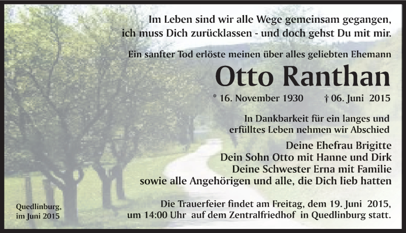  Traueranzeige für Otto Ranthan vom 13.06.2015 aus Mitteldeutsche Zeitung Quedlinburg