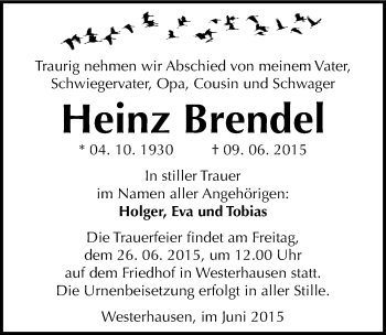 Traueranzeige von Heinz Brendel von Mitteldeutsche Zeitung Quedlinburg