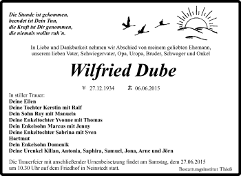 Traueranzeige von Wilfried Dube von Super Sonntag Quedlinburg