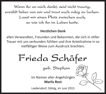 Traueranzeige von Frieda Schäfer von Super Sonntag SGH Mansf. Land