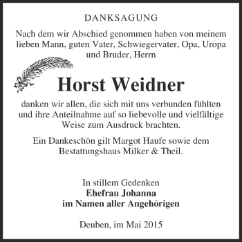 Traueranzeige von Horst Weidner von WVG - Wochenspiegel NMB / WSF / ZTZ