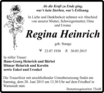 Traueranzeige von Regina Heinrich von Super Sonntag Quedlinburg