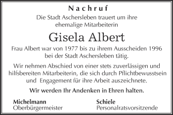 Traueranzeige von Gisela Albert von Super Sonntag Aschersleben
