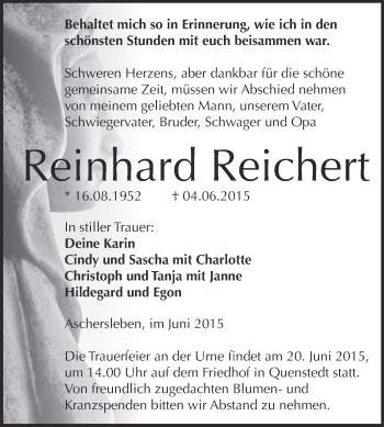 Traueranzeige von Reinhard Reichert von Super Sonntag Aschersleben