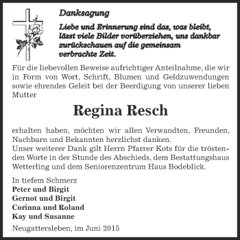 Traueranzeige von Regina Resch von Super Sonntag Bernburg
