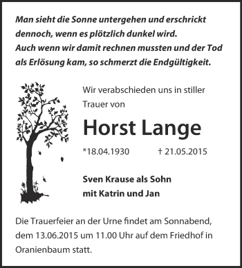 Traueranzeige von Horst Lange von WVG - Wochenspiegel Wittenberg